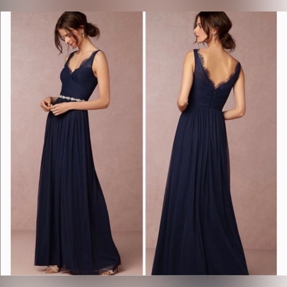 BHLDN HITHERTO FLEUR ANTHROPOLOGIE Elegant Navy Blue Lace Evening Gown SIZE 4